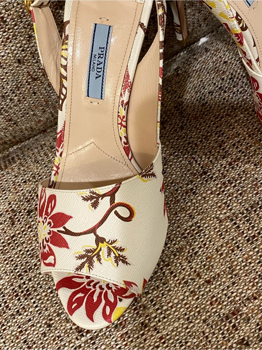 Prada Cream Floral Slingback Heels with Red & Yellow Accents - Picture 5 of 14